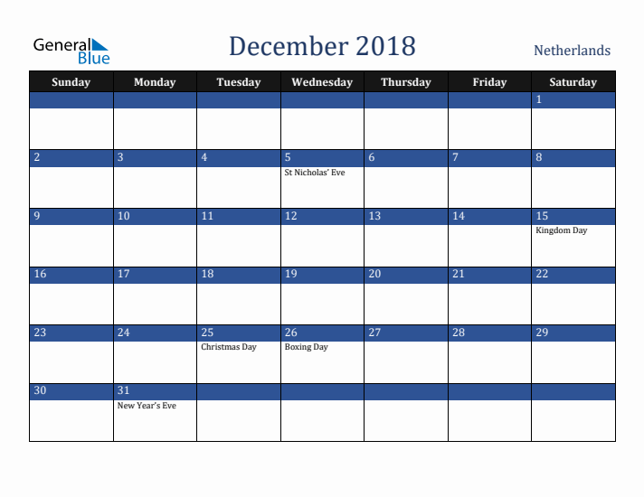 December 2018 The Netherlands Calendar (Sunday Start)