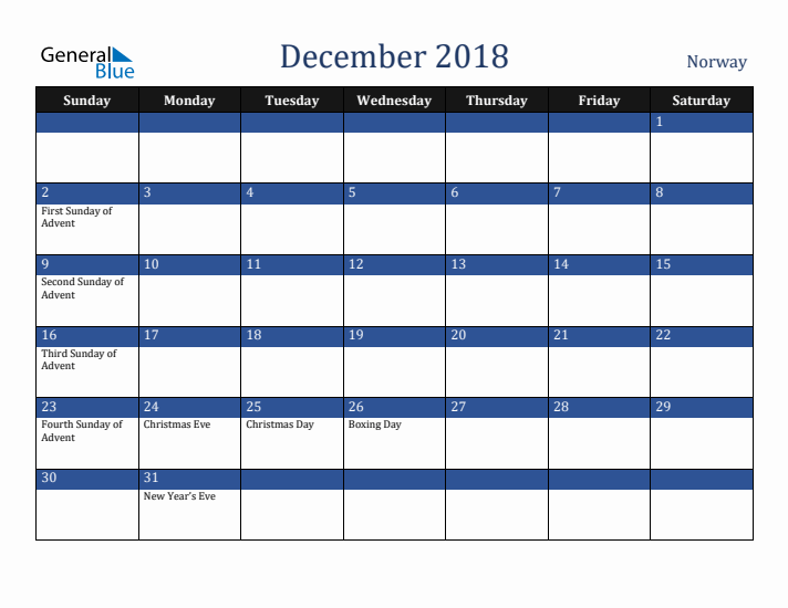 December 2018 Norway Calendar (Sunday Start)