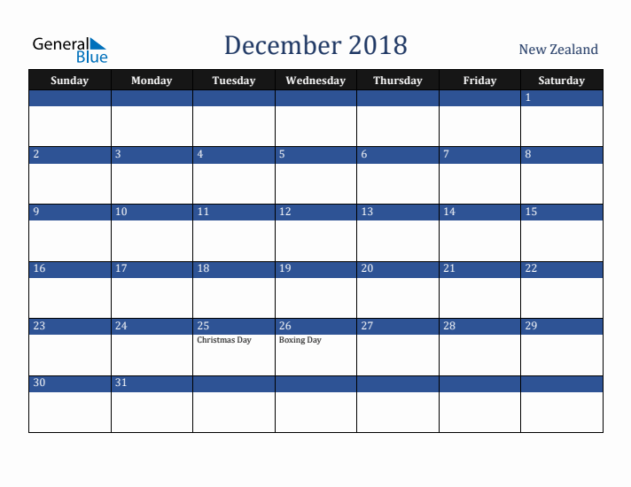 December 2018 New Zealand Calendar (Sunday Start)
