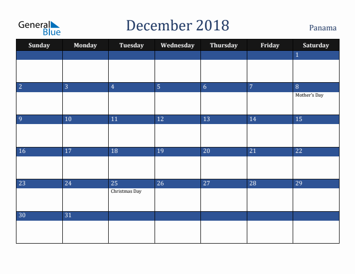 December 2018 Panama Calendar (Sunday Start)