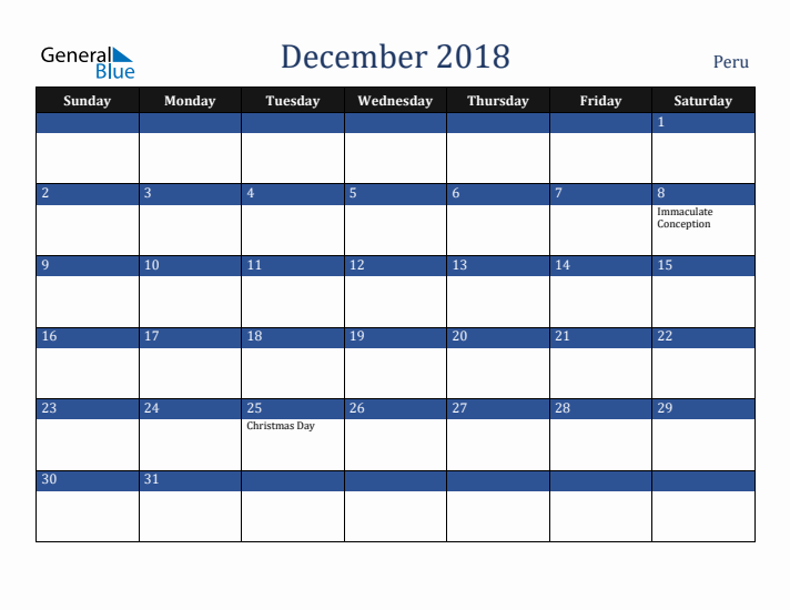 December 2018 Peru Calendar (Sunday Start)