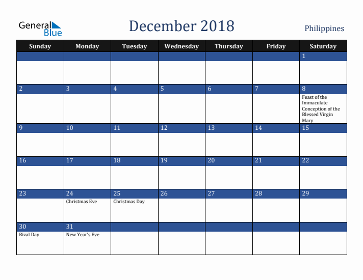December 2018 Philippines Calendar (Sunday Start)