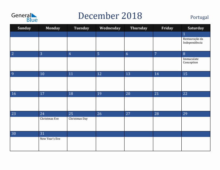 December 2018 Portugal Calendar (Sunday Start)