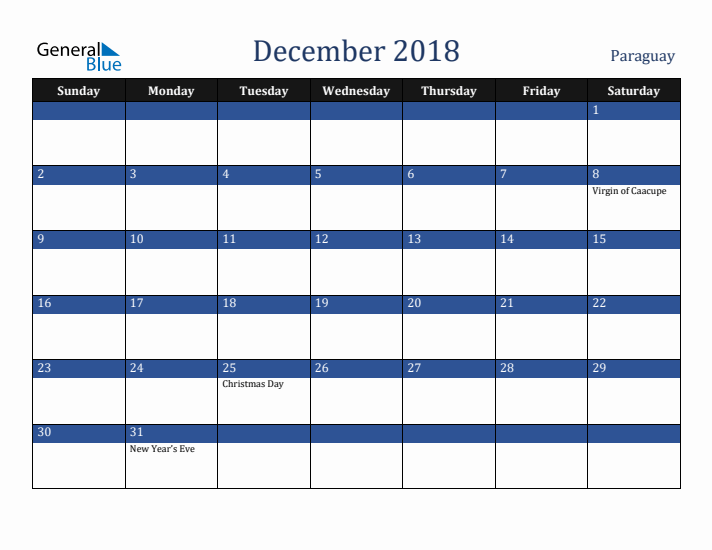 December 2018 Paraguay Calendar (Sunday Start)