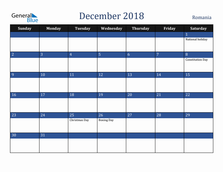 December 2018 Romania Calendar (Sunday Start)