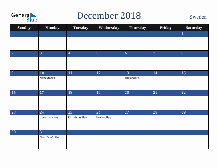 December 2018 Sweden Calendar (Sunday Start)