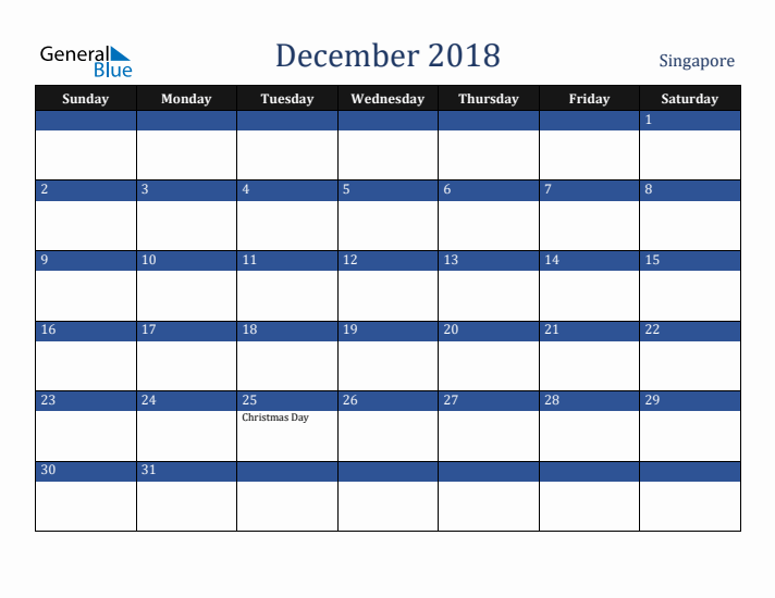 December 2018 Singapore Calendar (Sunday Start)