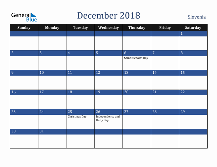 December 2018 Slovenia Calendar (Sunday Start)