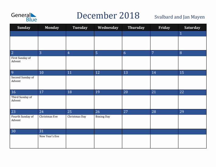 December 2018 Svalbard and Jan Mayen Calendar (Sunday Start)