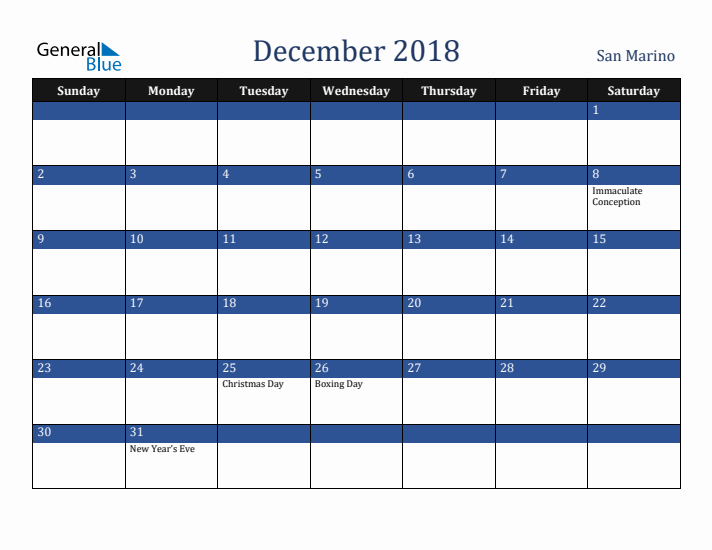 December 2018 San Marino Calendar (Sunday Start)