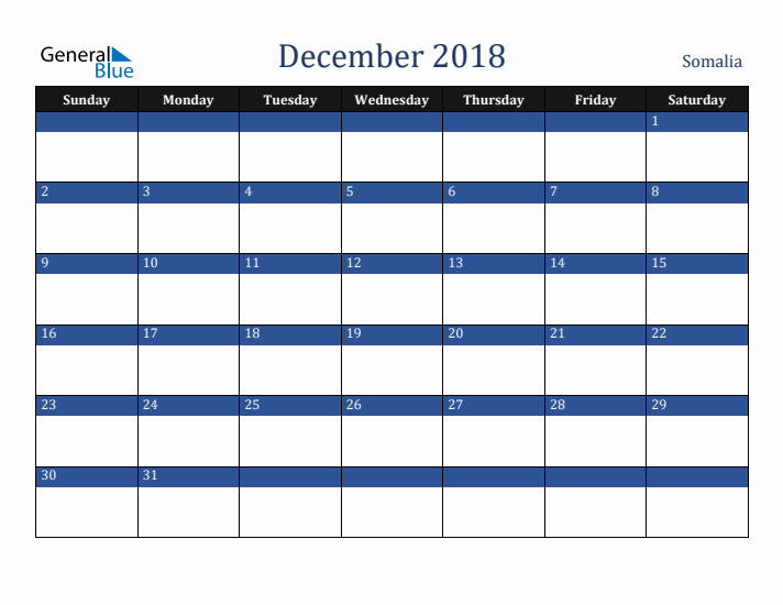 December 2018 Somalia Calendar (Sunday Start)