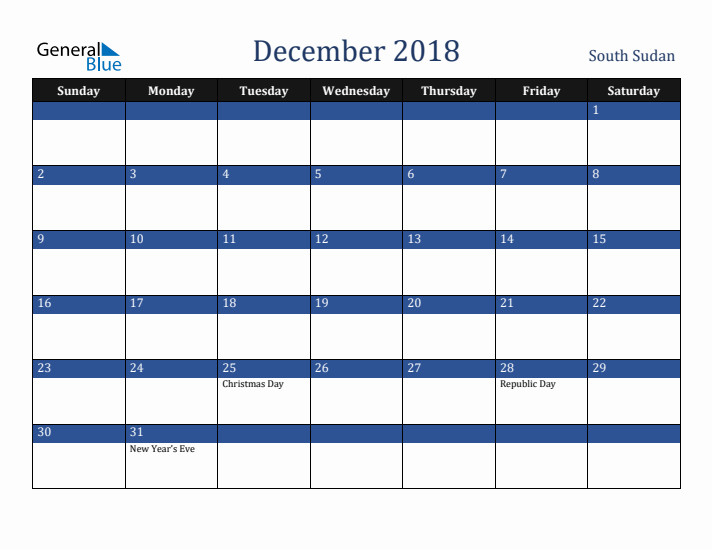 December 2018 South Sudan Calendar (Sunday Start)