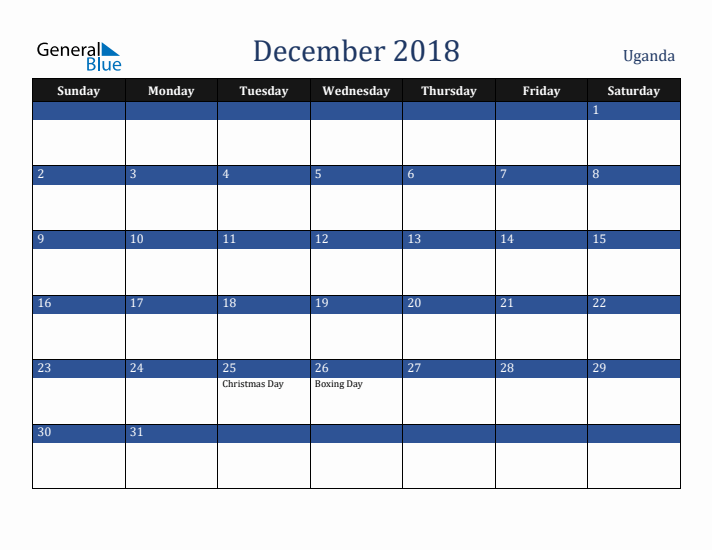 December 2018 Uganda Calendar (Sunday Start)