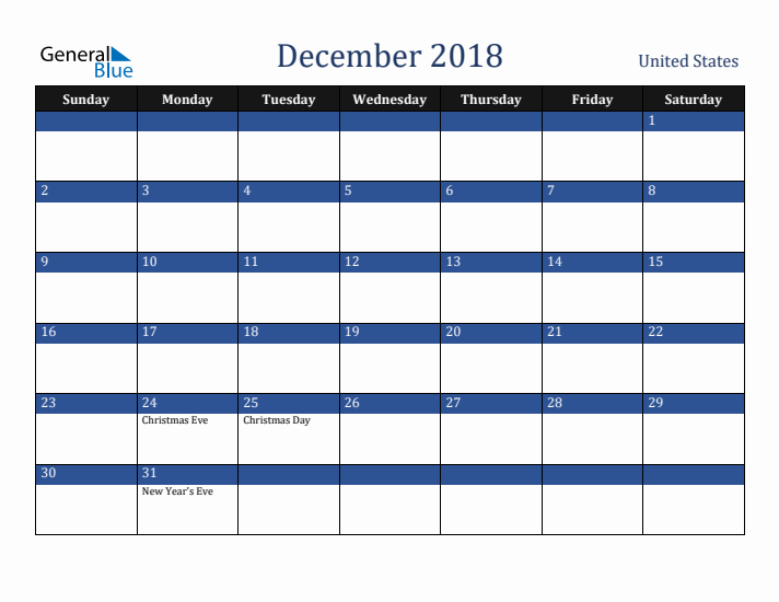 December 2018 United States Calendar (Sunday Start)