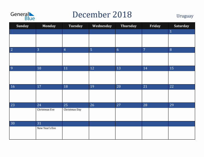 December 2018 Uruguay Calendar (Sunday Start)