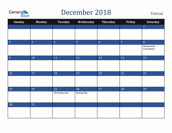 December 2018 Vatican Calendar (Sunday Start)