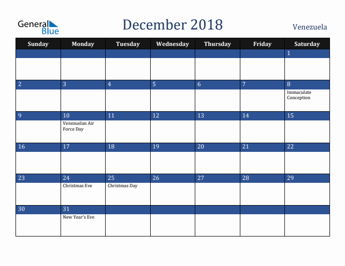 December 2018 Venezuela Calendar (Sunday Start)