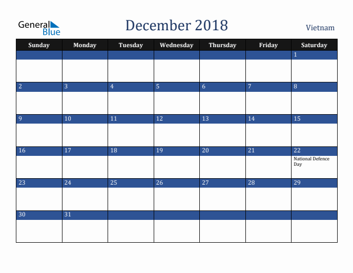 December 2018 Vietnam Calendar (Sunday Start)