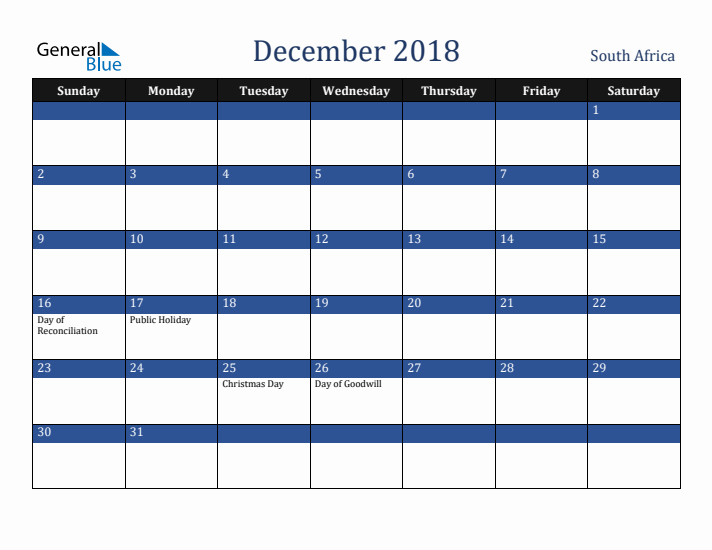 December 2018 South Africa Calendar (Sunday Start)