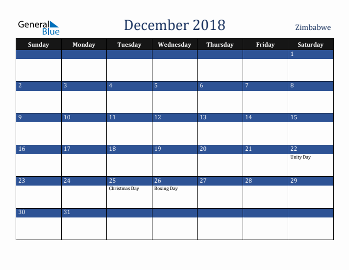 December 2018 Zimbabwe Calendar (Sunday Start)