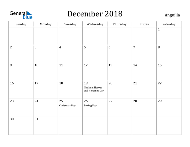 Anguilla December 18 Calendar With Holidays