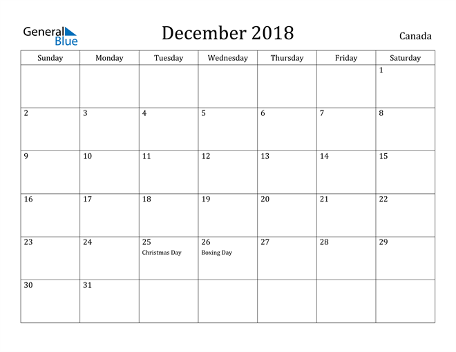 Canada December 2018 Calendar with Holidays