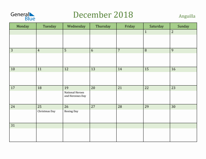 December 2018 Calendar with Anguilla Holidays