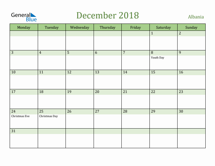 December 2018 Calendar with Albania Holidays