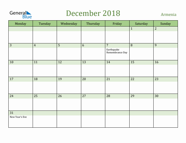 December 2018 Calendar with Armenia Holidays