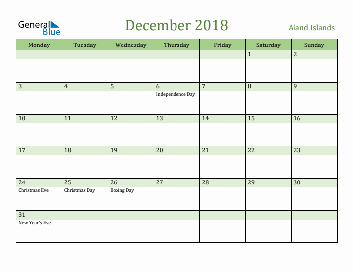 December 2018 Calendar with Aland Islands Holidays