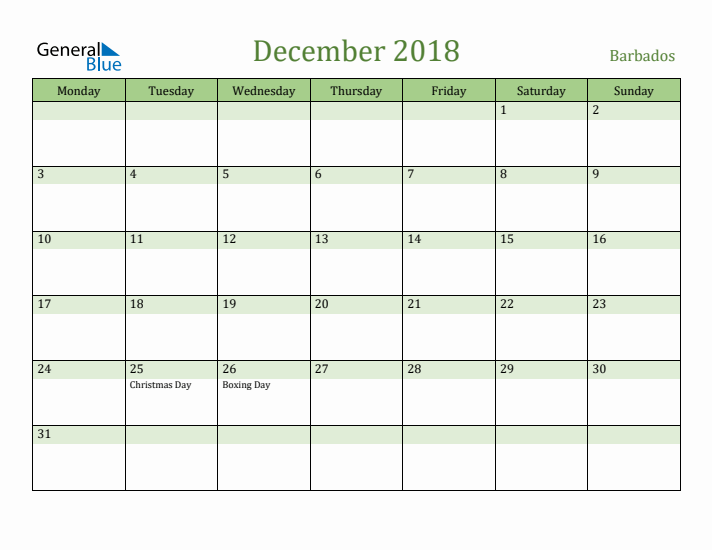 December 2018 Calendar with Barbados Holidays
