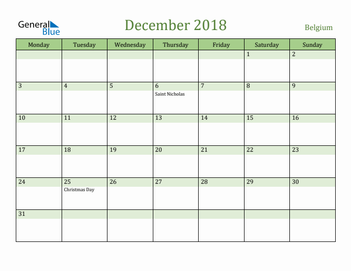 December 2018 Calendar with Belgium Holidays