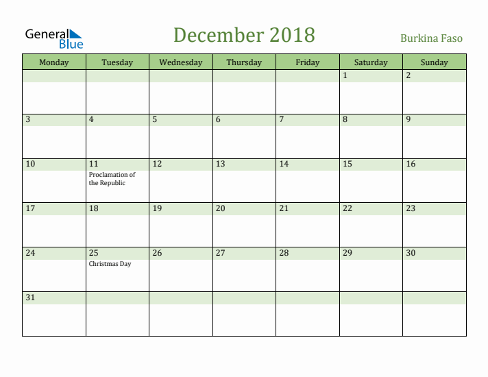 December 2018 Calendar with Burkina Faso Holidays
