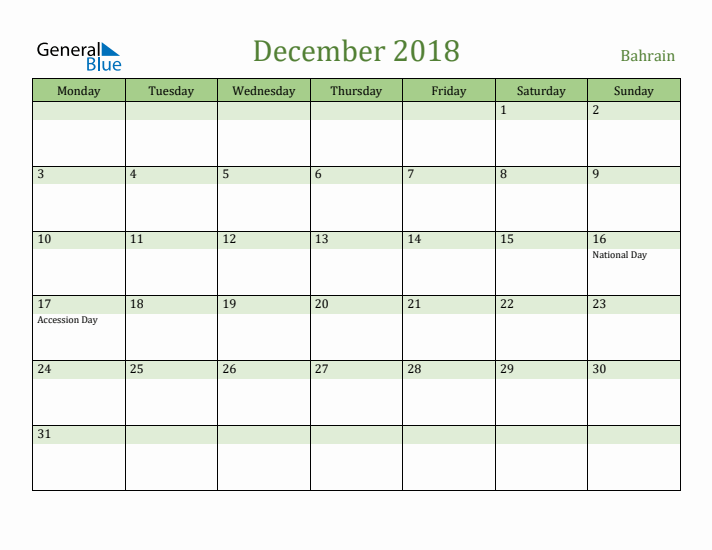December 2018 Calendar with Bahrain Holidays