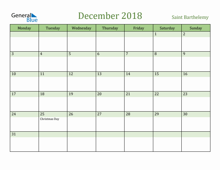 December 2018 Calendar with Saint Barthelemy Holidays