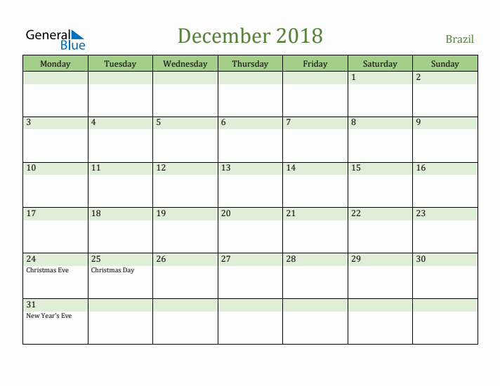 December 2018 Calendar with Brazil Holidays