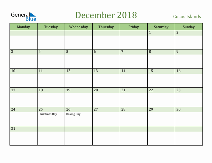 December 2018 Calendar with Cocos Islands Holidays