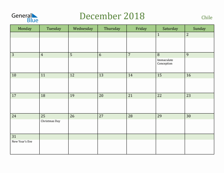 December 2018 Calendar with Chile Holidays
