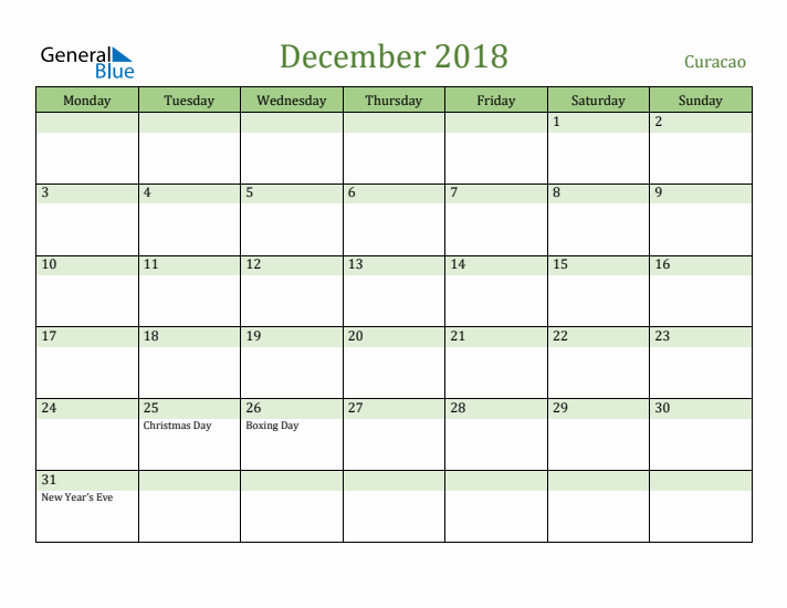 December 2018 Calendar with Curacao Holidays