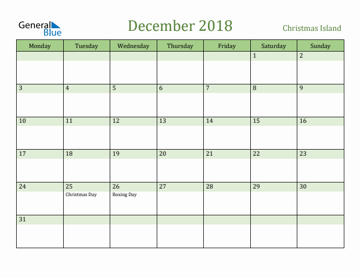 December 2018 Calendar with Christmas Island Holidays