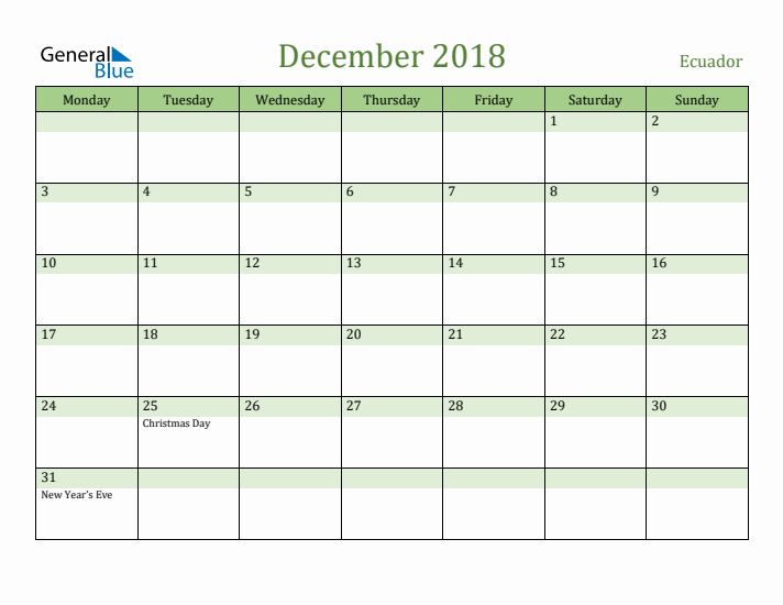 December 2018 Calendar with Ecuador Holidays