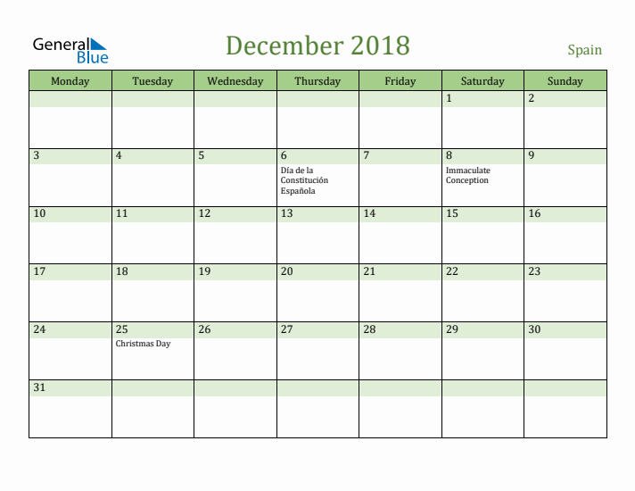 December 2018 Calendar with Spain Holidays
