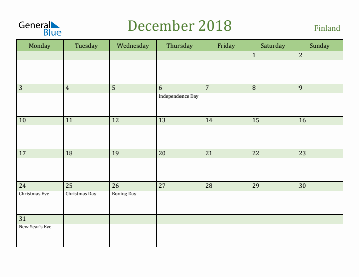 December 2018 Calendar with Finland Holidays