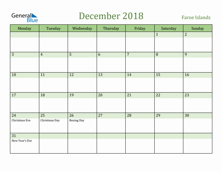 December 2018 Calendar with Faroe Islands Holidays