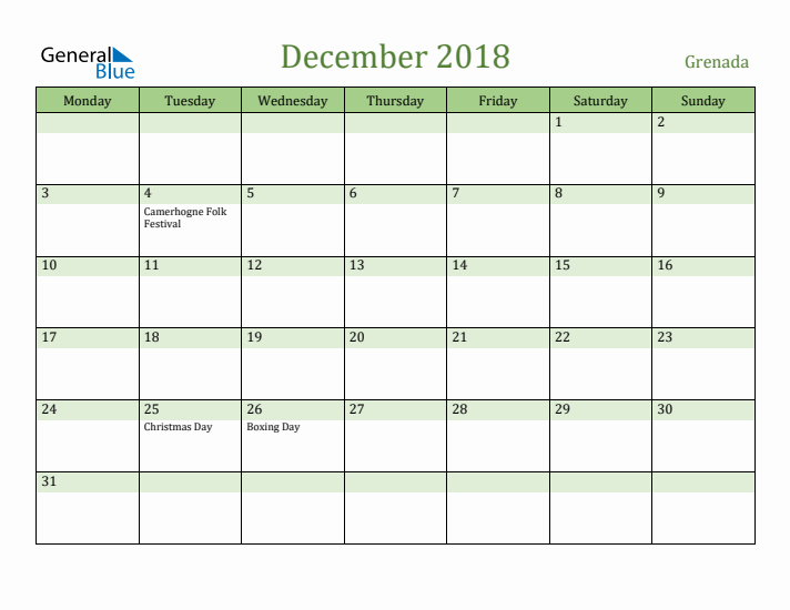 December 2018 Calendar with Grenada Holidays