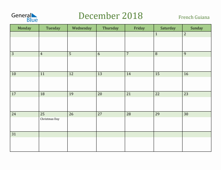 December 2018 Calendar with French Guiana Holidays