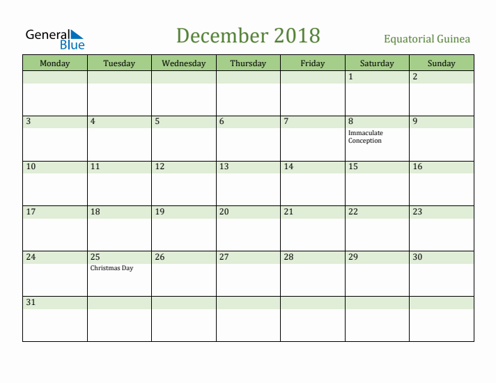 December 2018 Calendar with Equatorial Guinea Holidays
