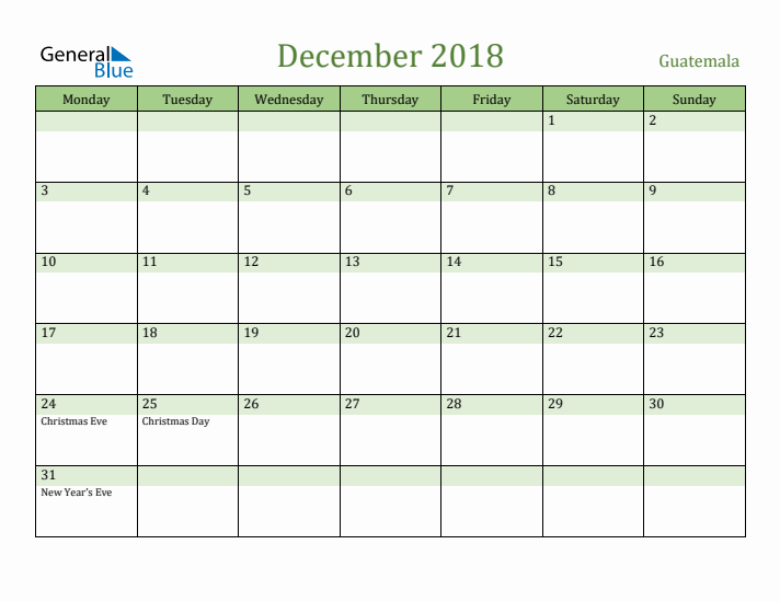 December 2018 Calendar with Guatemala Holidays