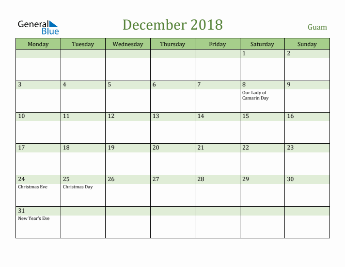 December 2018 Calendar with Guam Holidays