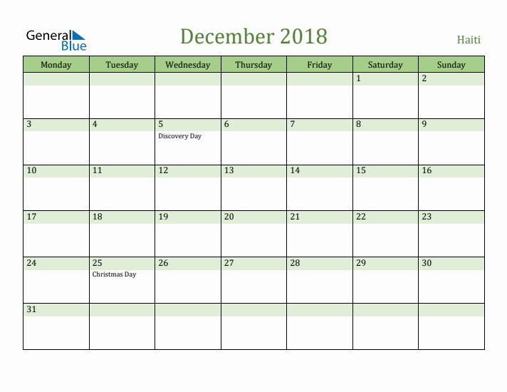 December 2018 Calendar with Haiti Holidays